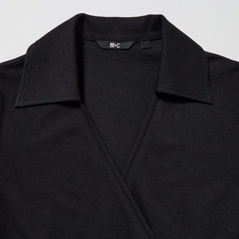 Black Uniqlo Wrap Long-Sleeve Women Dress | 5947015