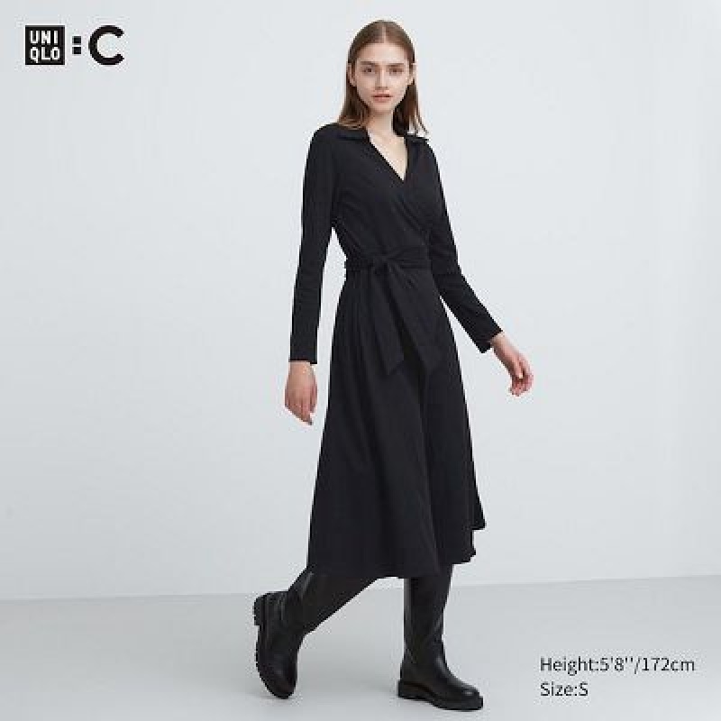 Black Uniqlo Wrap Long-Sleeve Women Dress | 5947015