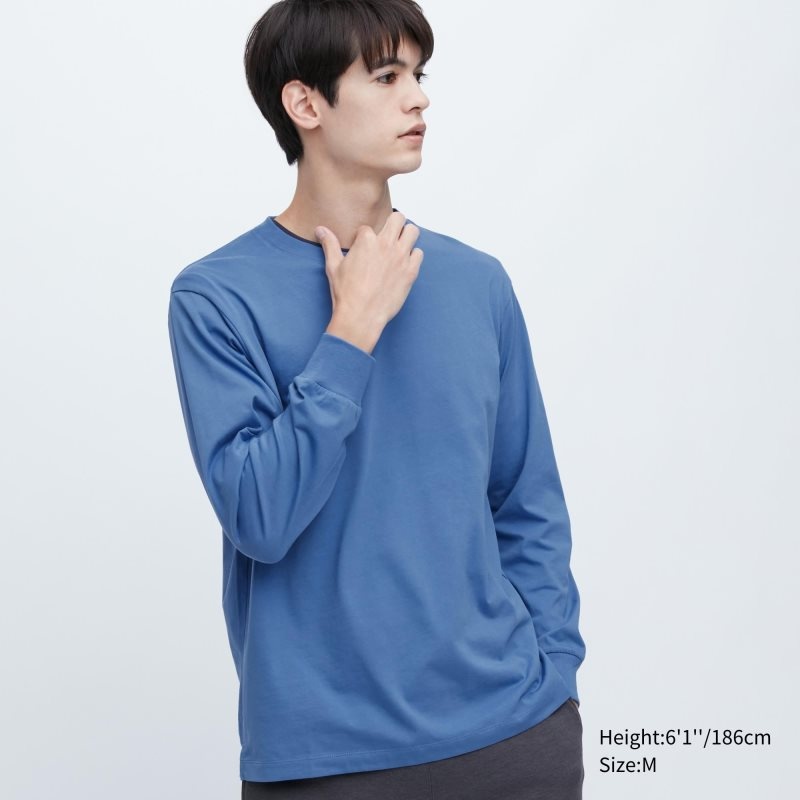 Blue Uniqlo Airism Cotton Uv Protection Crew Neck Long-sleeve Men T Shirts | 447930