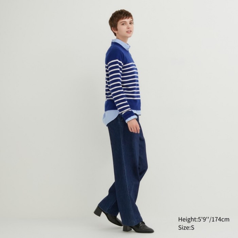 Blue Uniqlo Cashmere Striped Crew Neck Long-Sleeve Women Sweaters | 92048