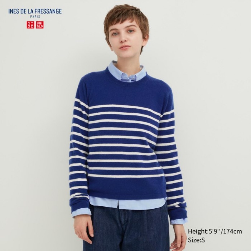 Blue Uniqlo Cashmere Striped Crew Neck Long-Sleeve Women Sweaters | 92048