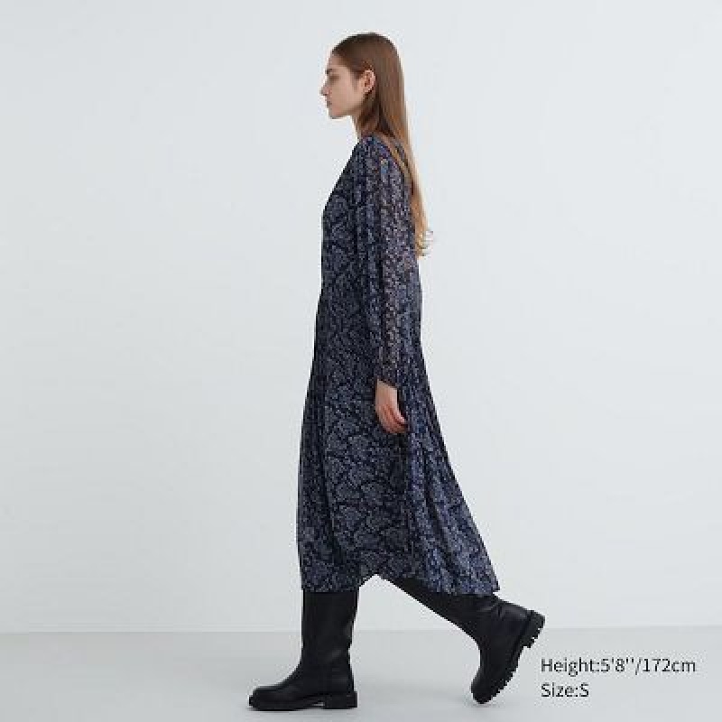 Blue Uniqlo Chiffon Pleated Long-Sleeve Women Dress | 3970204
