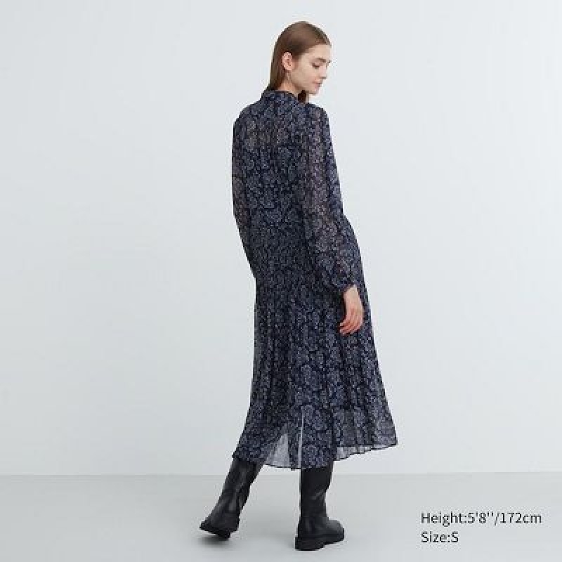 Blue Uniqlo Chiffon Pleated Long-Sleeve Women Dress | 3970204