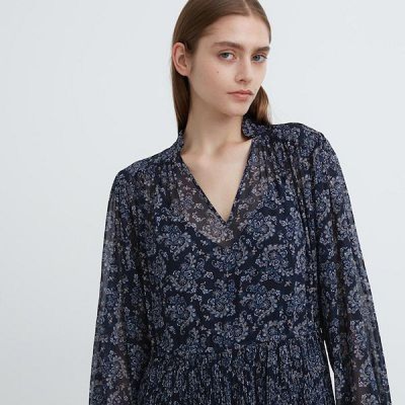 Blue Uniqlo Chiffon Pleated Long-Sleeve Women Dress | 3970204