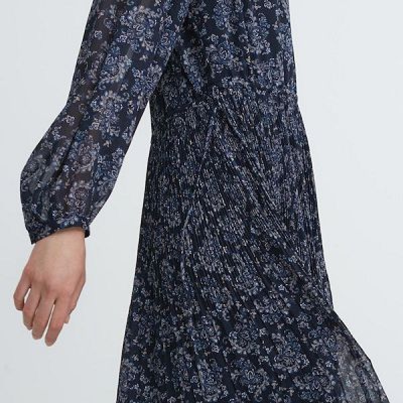 Blue Uniqlo Chiffon Pleated Long-Sleeve Women Dress | 3970204