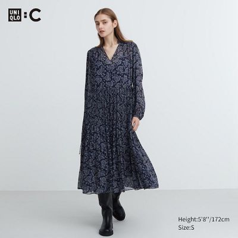 Blue Uniqlo Chiffon Pleated Long-Sleeve Women Dress | 3970204