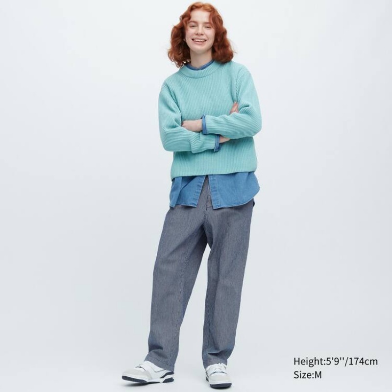 Blue Uniqlo Cotton Hickory Relaxed Fit Ankle Length Men Pants | 7573634