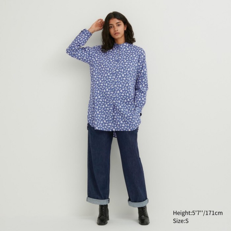 Blue Uniqlo Cotton Silk Long-Sleeve Tunic Women Shirts | 6683629