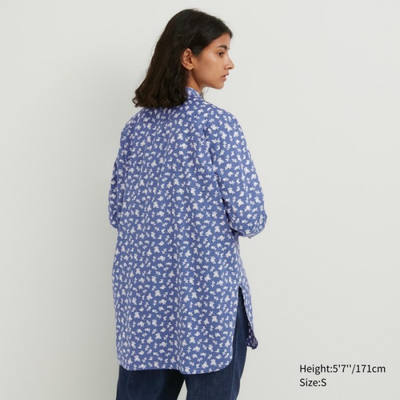 Blue Uniqlo Cotton Silk Long-Sleeve Tunic Women Shirts | 6683629