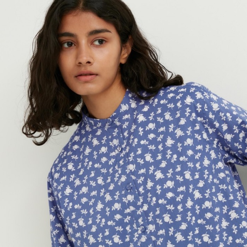 Blue Uniqlo Cotton Silk Long-Sleeve Tunic Women Shirts | 6683629