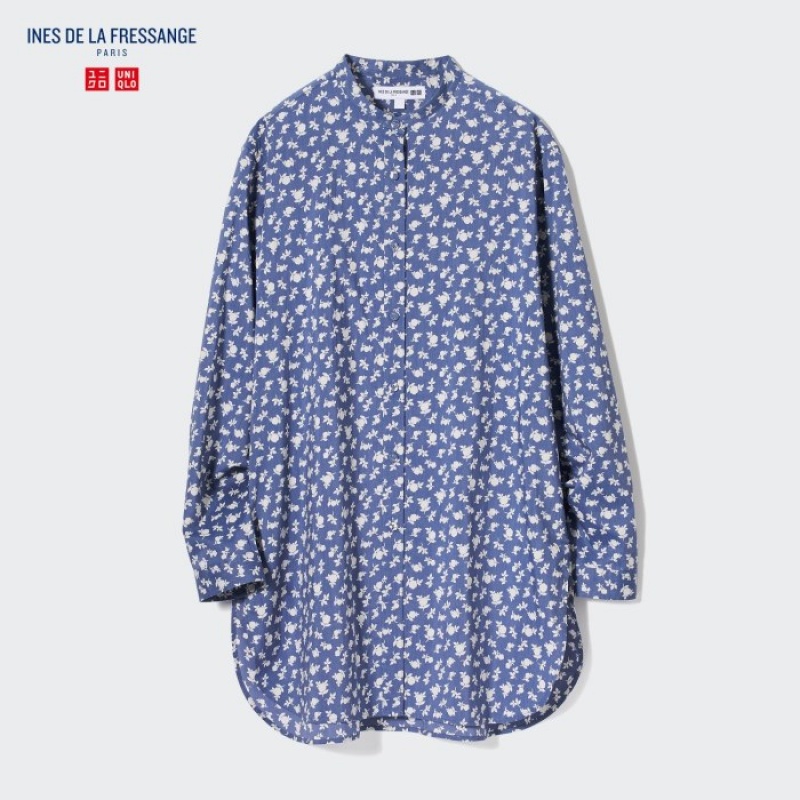 Blue Uniqlo Cotton Silk Long-Sleeve Tunic Women Shirts | 6683629