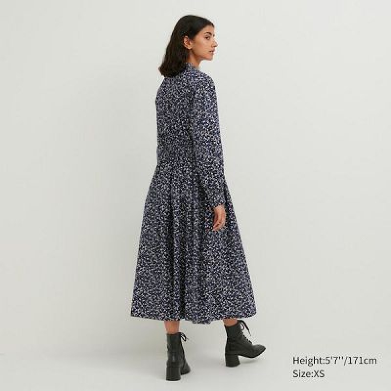 Blue Uniqlo Cotton Twill Printed Volume Sleeve Long Women Dress | 245011