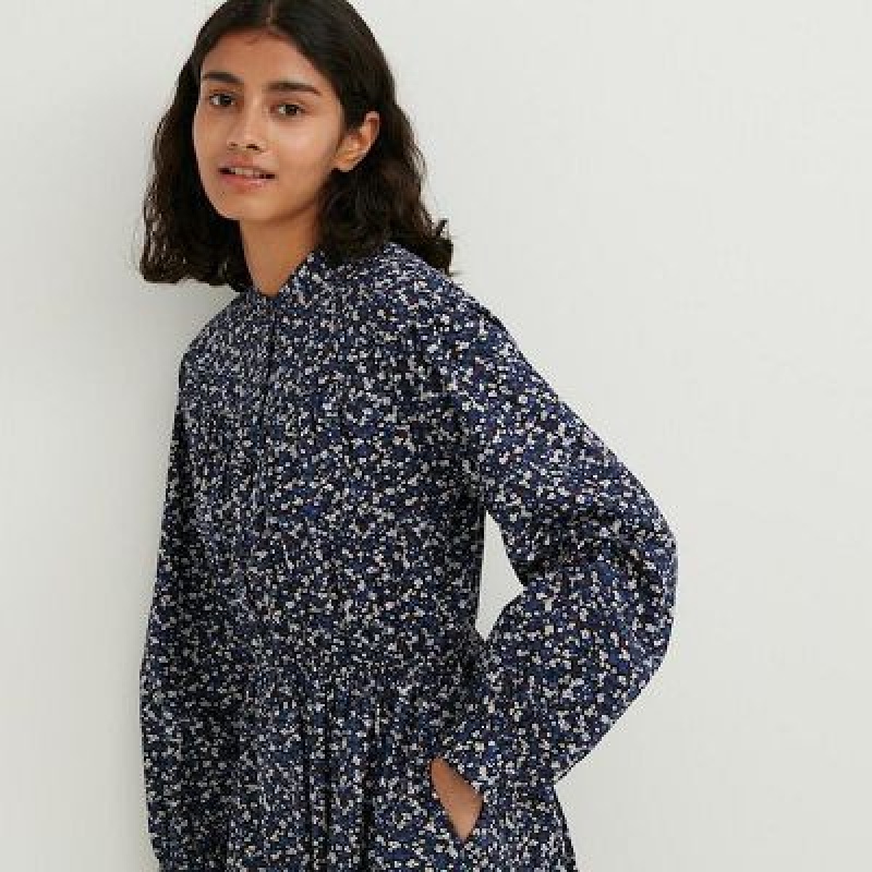 Blue Uniqlo Cotton Twill Printed Volume Sleeve Long Women Dress | 245011