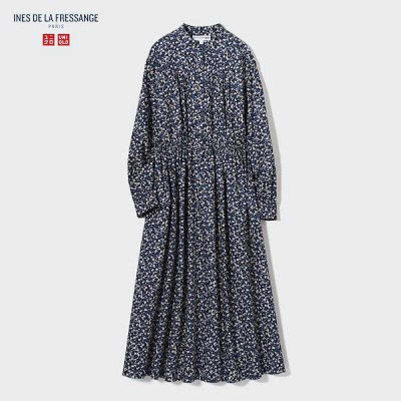 Blue Uniqlo Cotton Twill Printed Volume Sleeve Long Women Dress | 245011