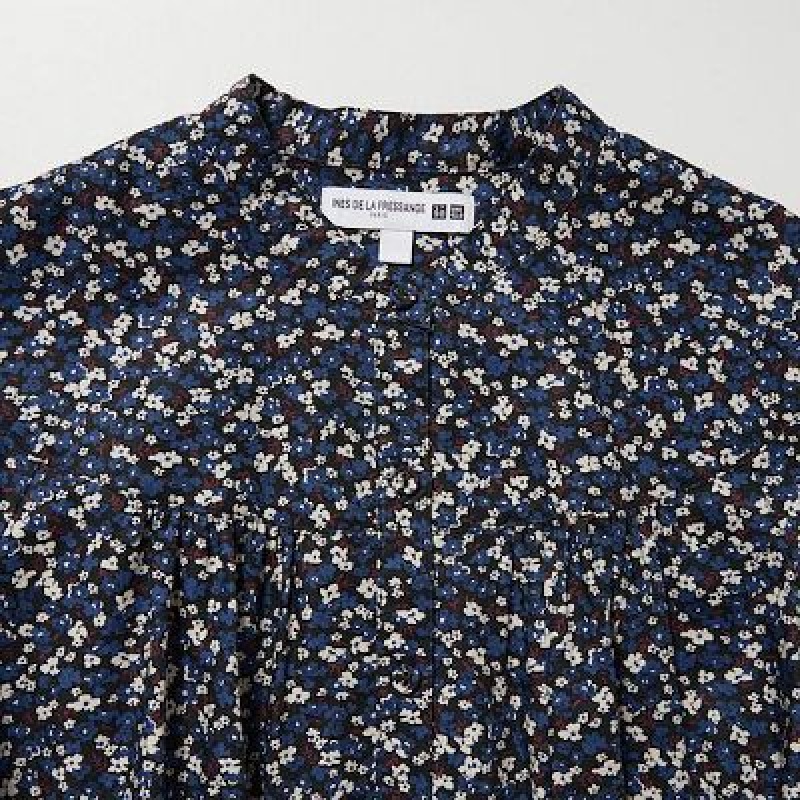 Blue Uniqlo Cotton Twill Printed Volume Sleeve Long Women Dress | 245011