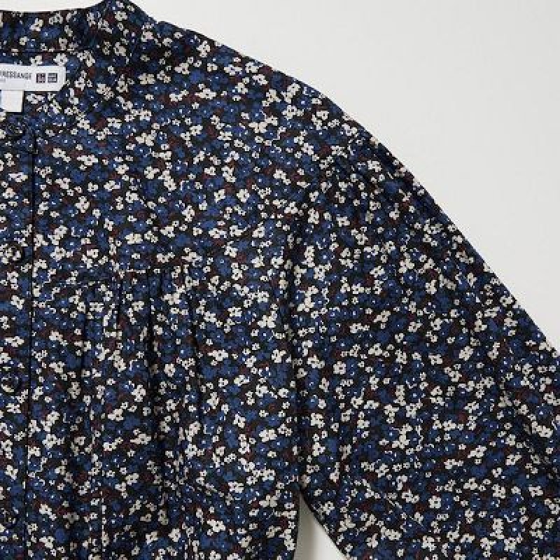 Blue Uniqlo Cotton Twill Printed Volume Sleeve Long Women Dress | 245011