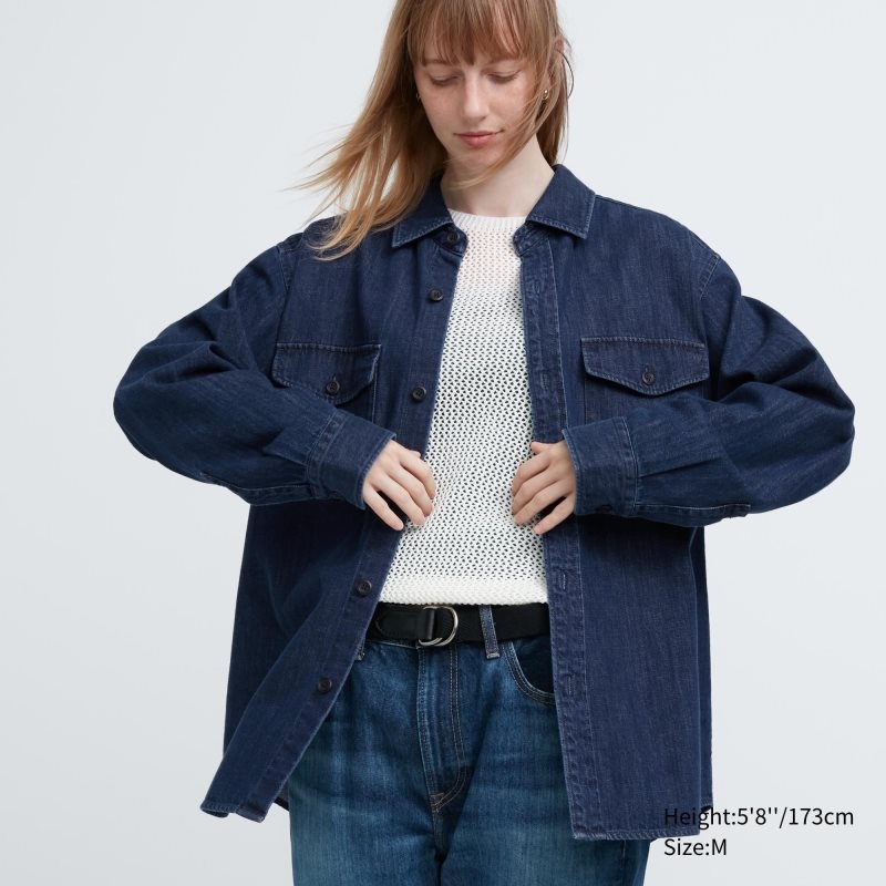 Blue Uniqlo Denim Utility Long-sleeve Overshirt Men Shirts | 858987