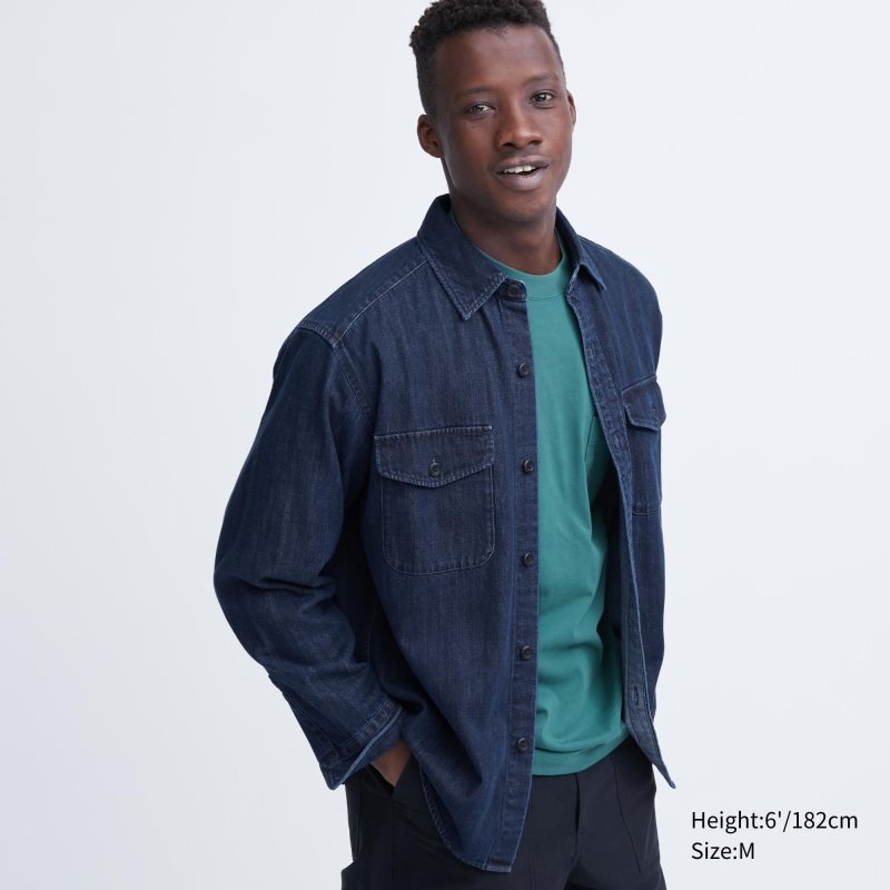 Blue Uniqlo Denim Utility Long-sleeve Overshirt Men Shirts | 858987