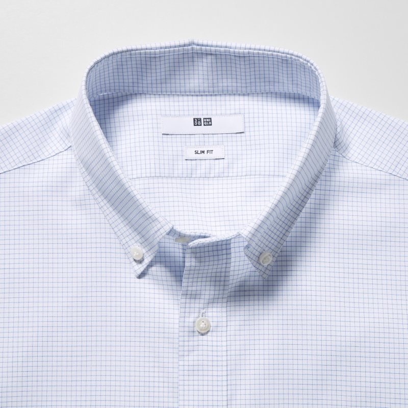Blue Uniqlo Easy Care Checked Stretch Slim-fit Long-sleeve Men Shirts | 2886507