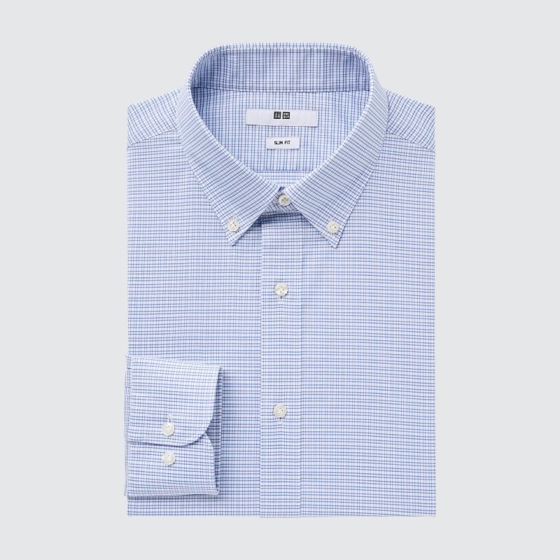 Blue Uniqlo Easy Care Checked Stretch Slim-fit Long-sleeve Men Shirts | 2636171
