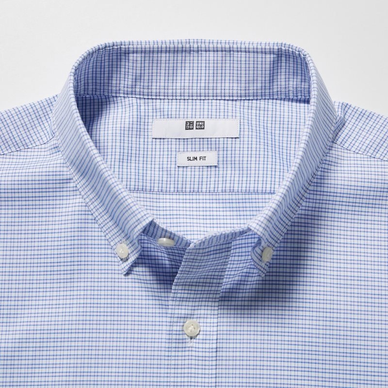 Blue Uniqlo Easy Care Checked Stretch Slim-fit Long-sleeve Men Shirts | 2636171