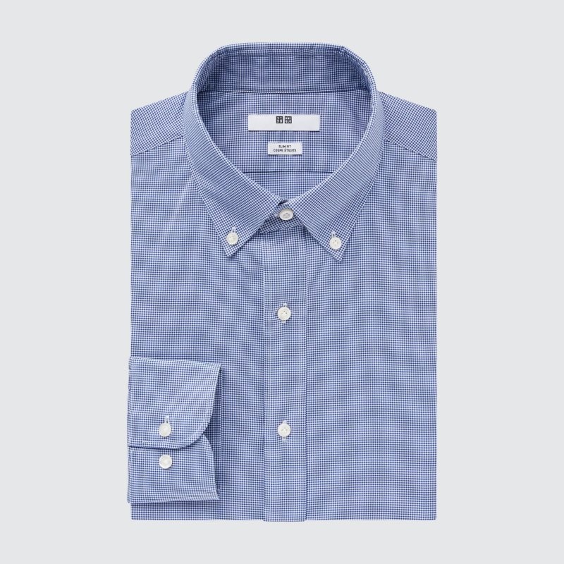 Blue Uniqlo Easy Care Checked Stretch Slim-fit Long-sleeve Men Shirts | 9599259