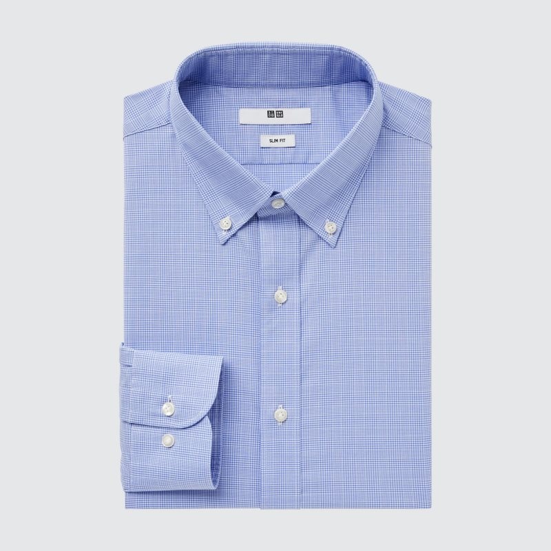 Blue Uniqlo Easy Care Checked Stretch Slim-fit Long-sleeve Men Shirts | 8457235