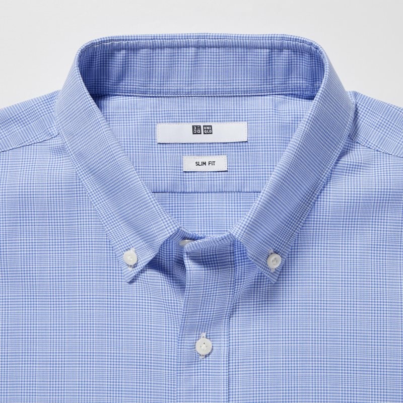 Blue Uniqlo Easy Care Checked Stretch Slim-fit Long-sleeve Men Shirts | 8457235