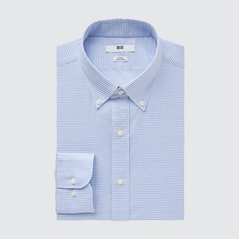 Blue Uniqlo Easy Care Checked Stretch Slim-fit Long-sleeve Men Shirts | 8110320