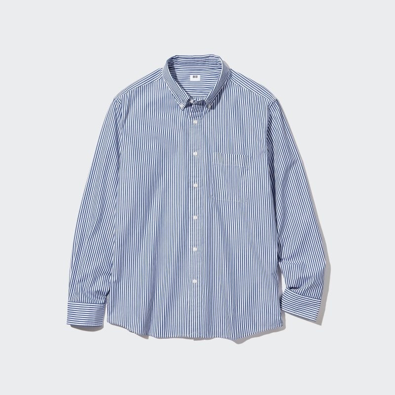 Blue Uniqlo Extra Fine Cotton Broadcloth Striped Long-sleeve Men Shirts | 1285493