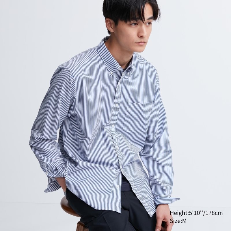 Blue Uniqlo Extra Fine Cotton Broadcloth Striped Long-sleeve Men Shirts | 1285493
