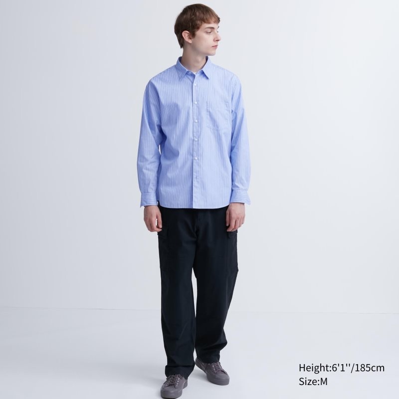 Blue Uniqlo Extra Fine Cotton Broadcloth Striped Long-sleeve Men Shirts | 5781818