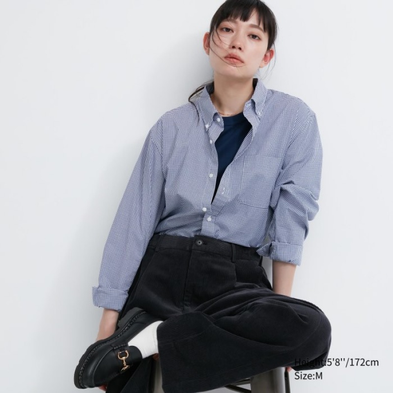 Blue Uniqlo Extra Fine Cotton Broadcloth Checked Casual Women Shirts | 1064491