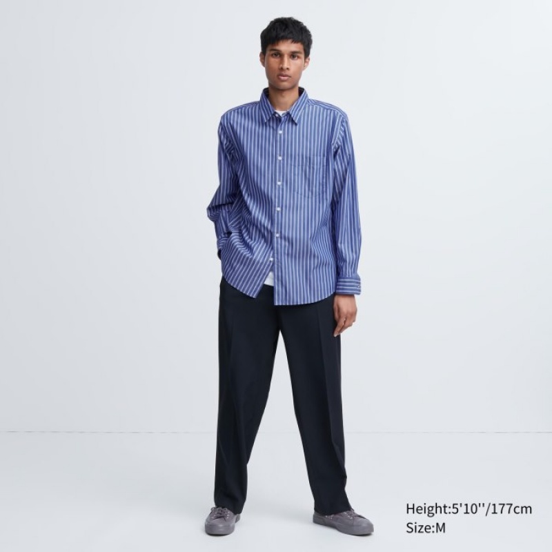 Blue Uniqlo Extra Fine Cotton Broadcloth Striped Casual Women Shirts | 9701671