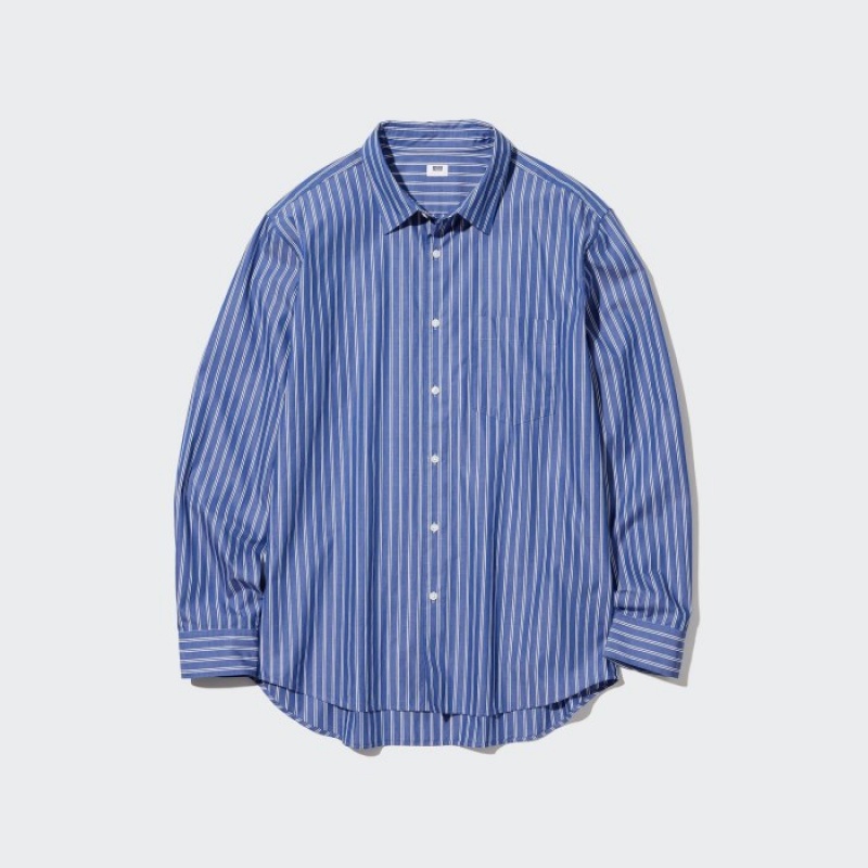 Blue Uniqlo Extra Fine Cotton Broadcloth Striped Casual Women Shirts | 9701671