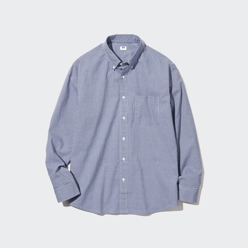 Blue Uniqlo Extra Fine Cotton Broadcloth Checkered Long-sleeve Men Shirts | 9401638