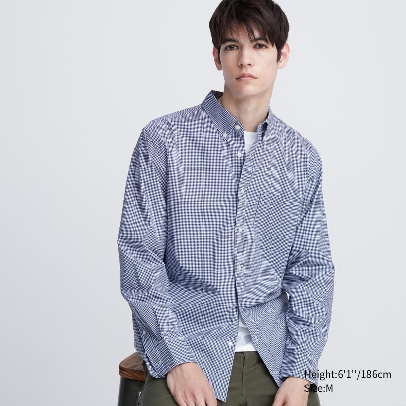 Blue Uniqlo Extra Fine Cotton Broadcloth Checkered Long-sleeve Men Shirts | 9401638