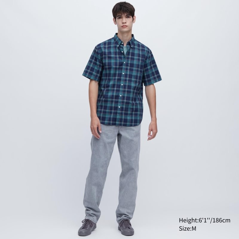 Blue Uniqlo Extra Fine Cotton Short-sleeve Men Shirts | 7450838