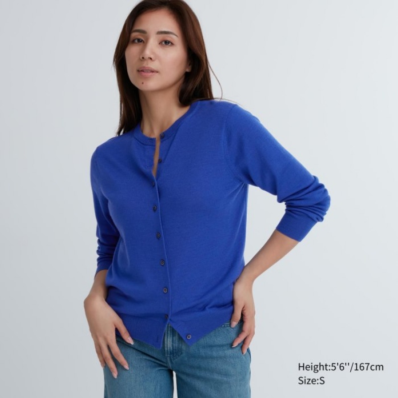 Blue Uniqlo Extra Fine Merino Crew Neck Women Cardigan | 8372372