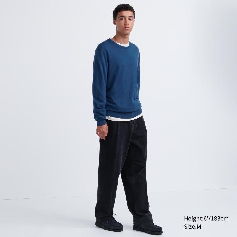 Blue Uniqlo Extra Fine Merino Crew Neck Men Sweaters | 9787659