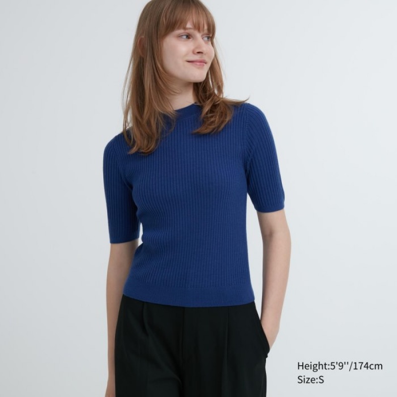 Blue Uniqlo Extra Fine Merino Ribbed Mock Neck Half-Sleeve Women Sweaters | 4788907