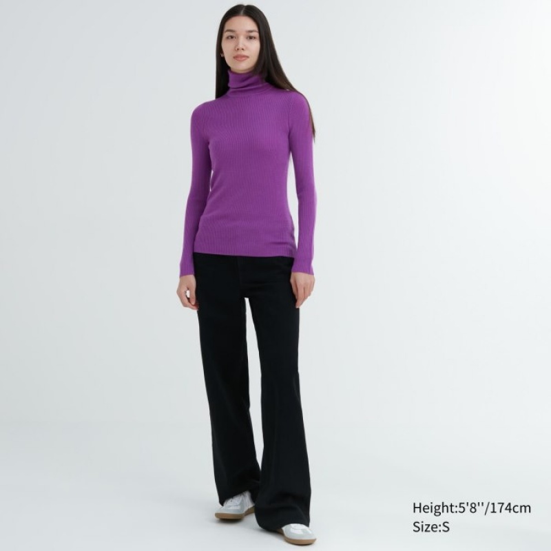 Blue Uniqlo Extra Fine Merino Ribbed Turtleneck Long-Sleeve Women Sweaters | 669049