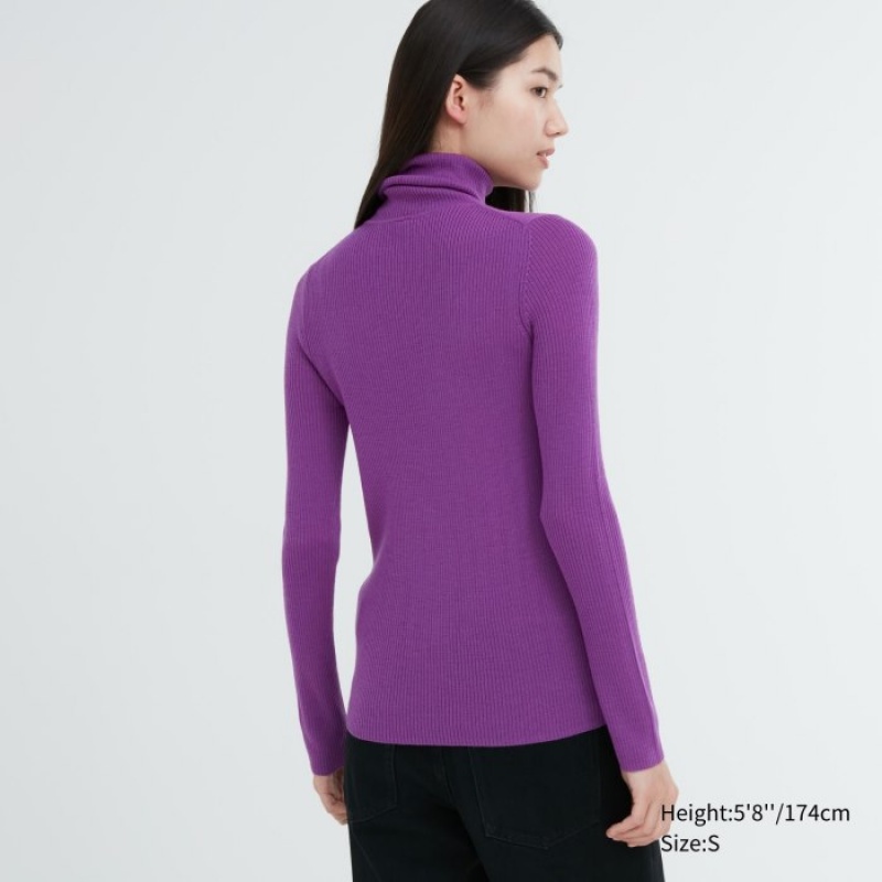 Blue Uniqlo Extra Fine Merino Ribbed Turtleneck Long-Sleeve Women Sweaters | 669049