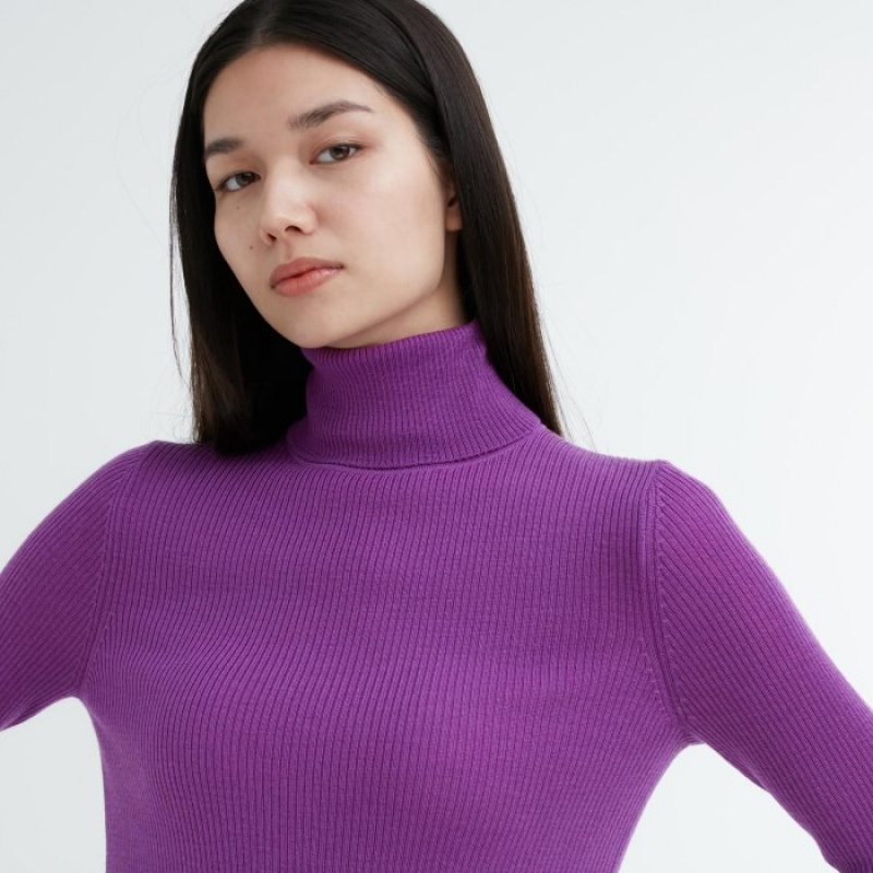 Blue Uniqlo Extra Fine Merino Ribbed Turtleneck Long-Sleeve Women Sweaters | 669049