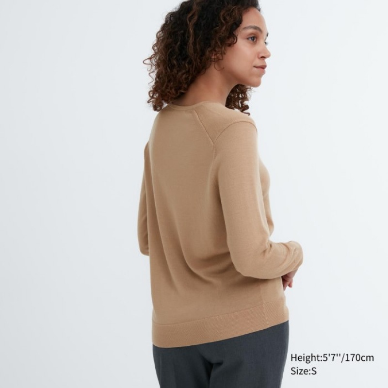 Blue Uniqlo Extra Fine Merino V-Neck Long-Sleeve Women Sweaters | 7481239
