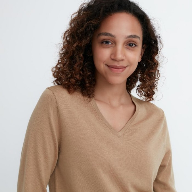 Blue Uniqlo Extra Fine Merino V-Neck Long-Sleeve Women Sweaters | 7481239