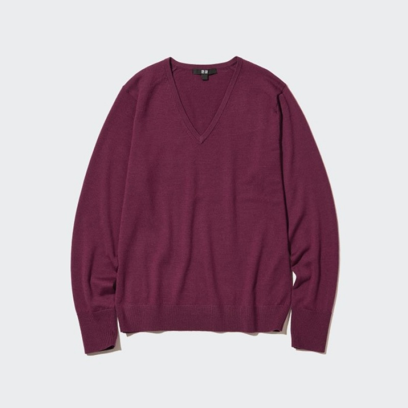 Blue Uniqlo Extra Fine Merino V-Neck Long-Sleeve Women Sweaters | 7481239
