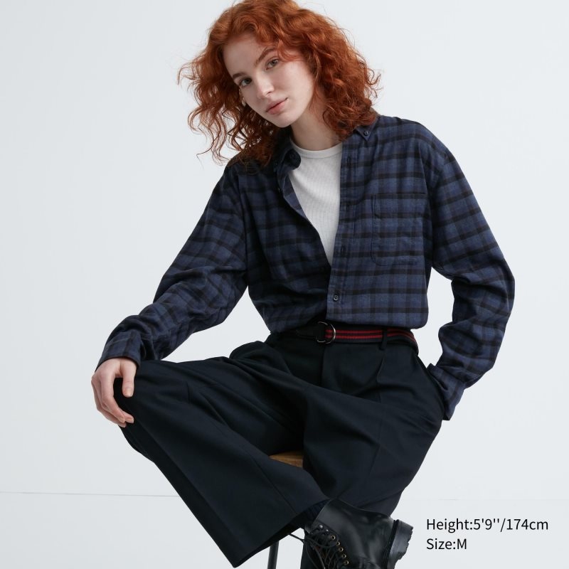 Blue Uniqlo Flannel Checked Long Sleeve Men Shirts | 5525932