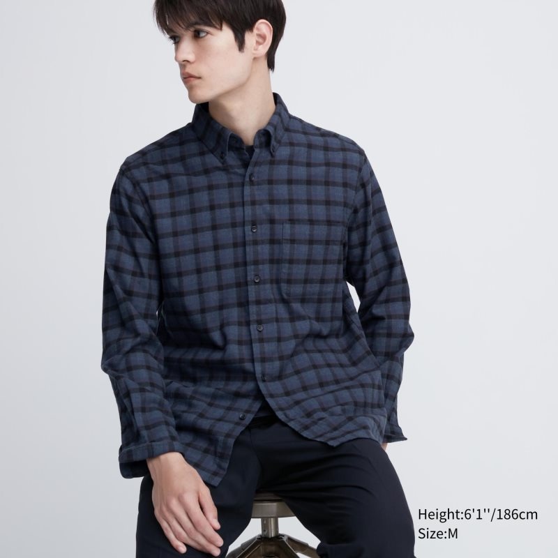 Blue Uniqlo Flannel Checked Long Sleeve Men Shirts | 5525932