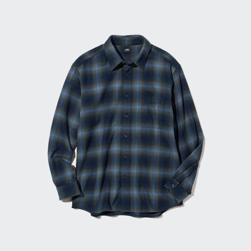 Blue Uniqlo Flannel Checked Long-sleeve Men Shirts | 6559832